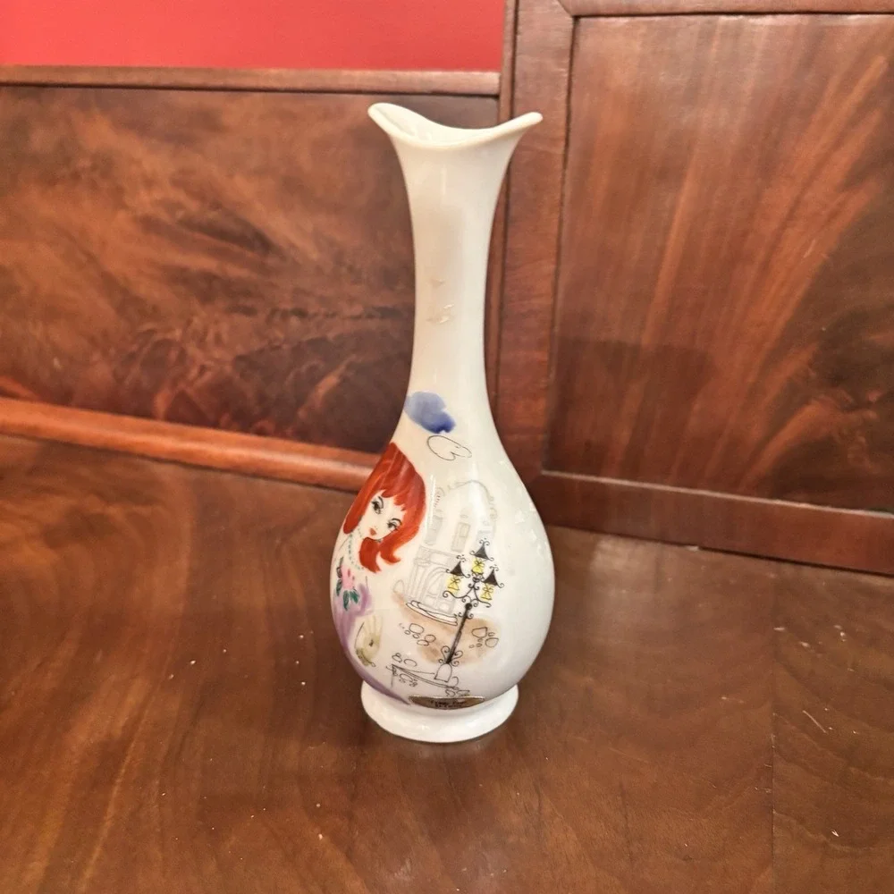 Vintage Enesco Femme Faire Hand Painted‎ Girl Vases Pair Mid Century 6